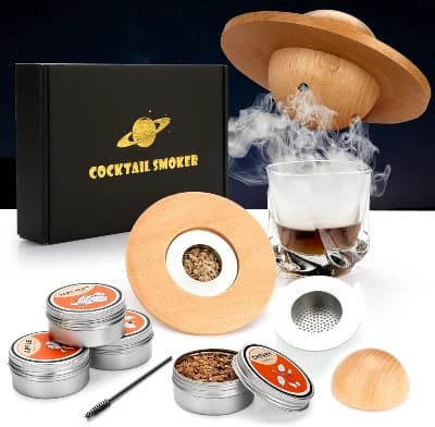 Cocktailrökare kit med rostfritt stålfilter, rengöringsborste, sked och 4 burkar träflisor (äpple, körsbär, ek och valnötschips)