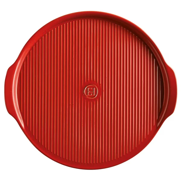 Emile Henry: Räfflad pizzasten / stekbord i röd keramik, Ø40 cm