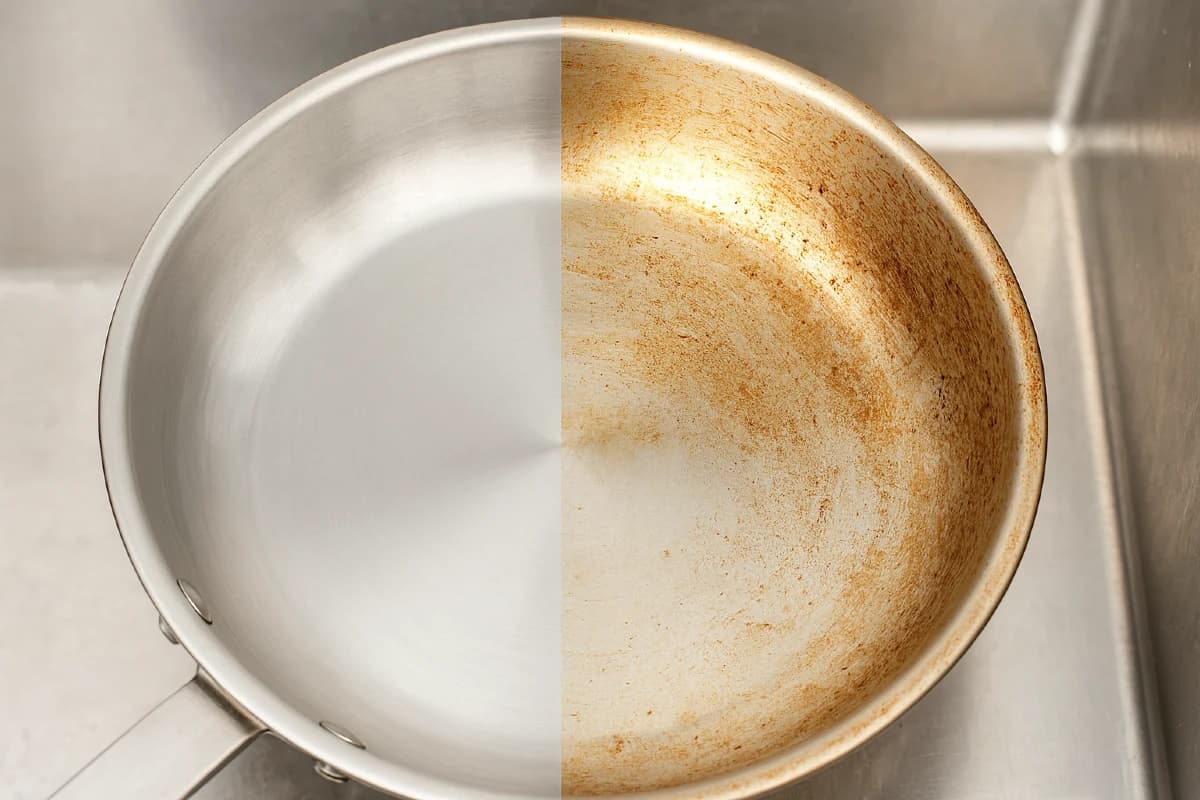 Rendiskad jämfört med en använd stekpanna i rostfritt stål